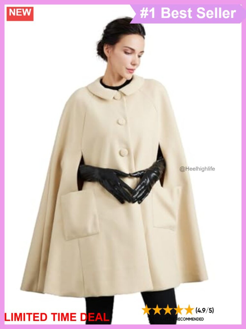 Wool Blend Midi Cape Coat Single-Breasted Peter Pan Collar Outwear
